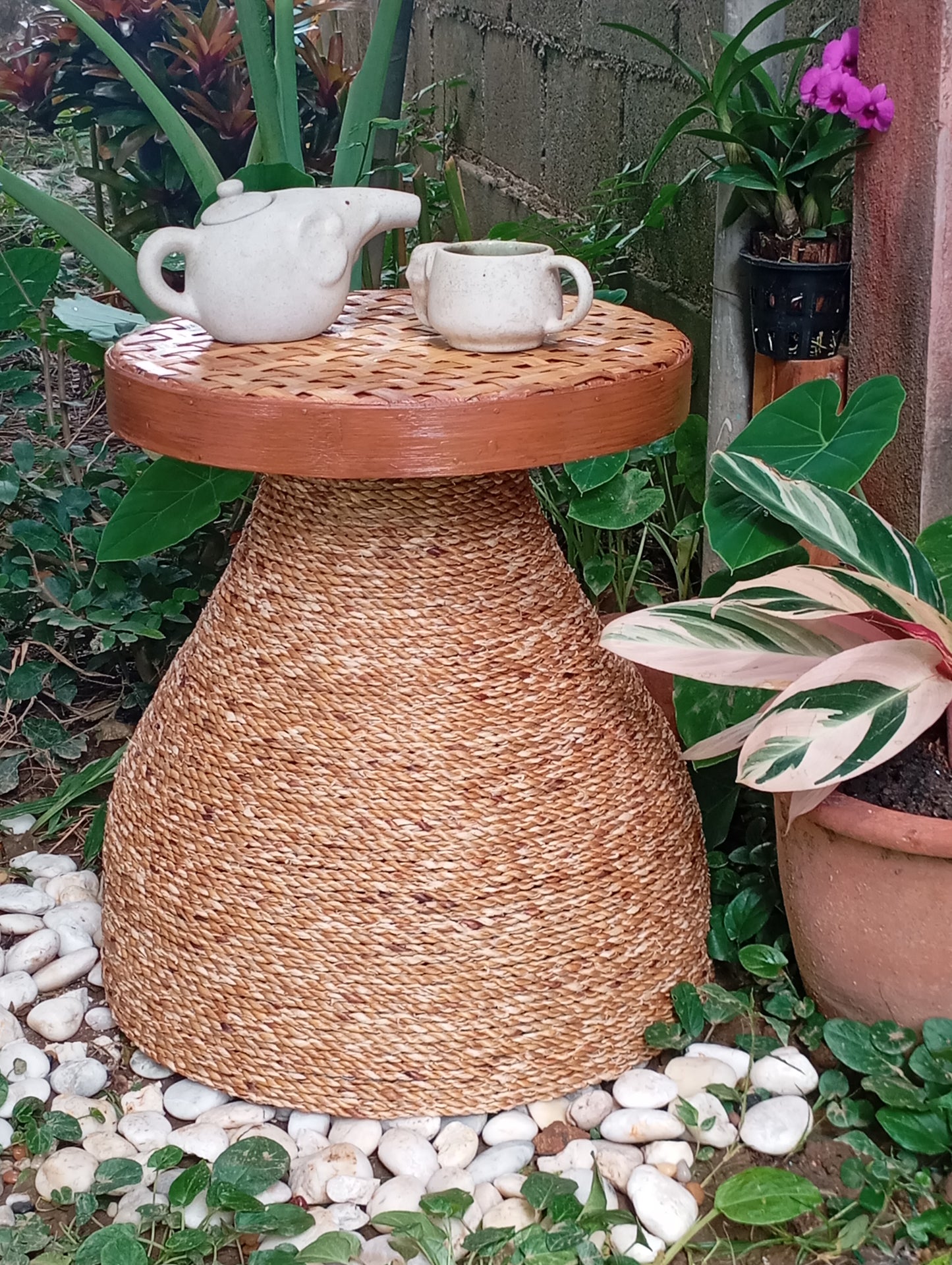 Coffee Table Rattan and Bamboo Side Table with Woven Top