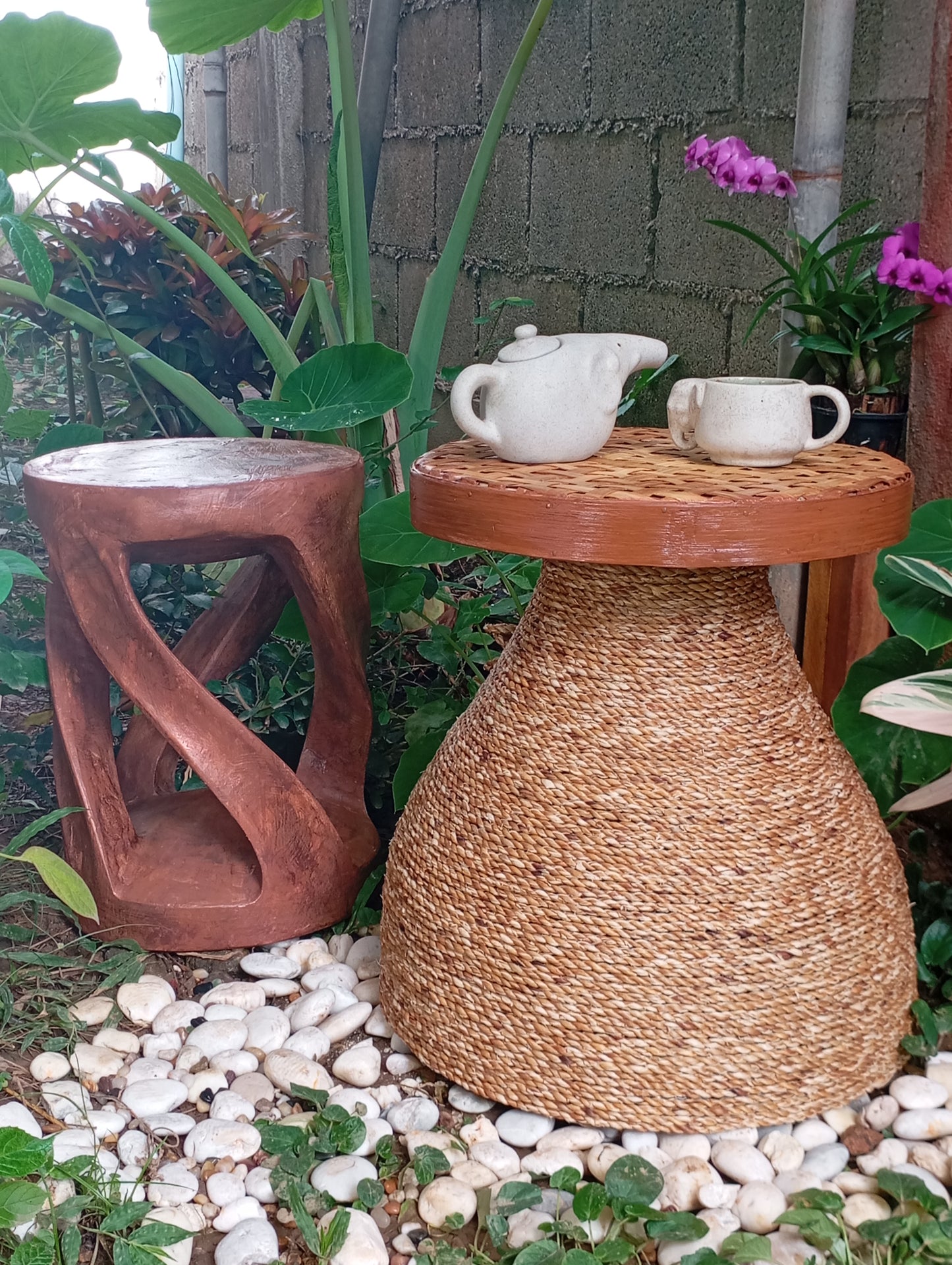 Coffee Table Rattan and Bamboo Side Table with Woven Top