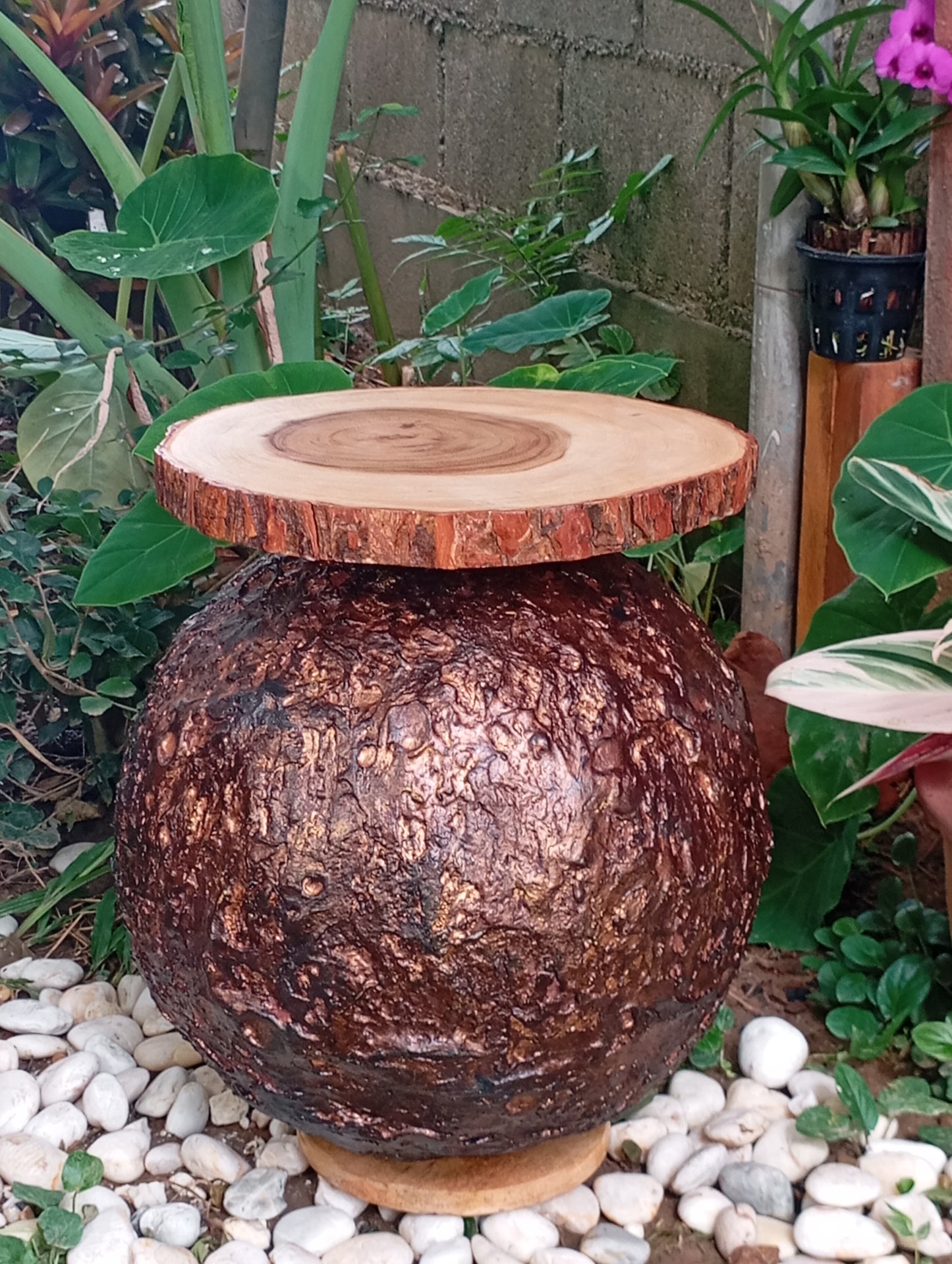 Coffee Table Art Designer Side Table with Wooden top “Copper Sphere" โต๊ะกาแฟ "ทรงกลมทองแดง"