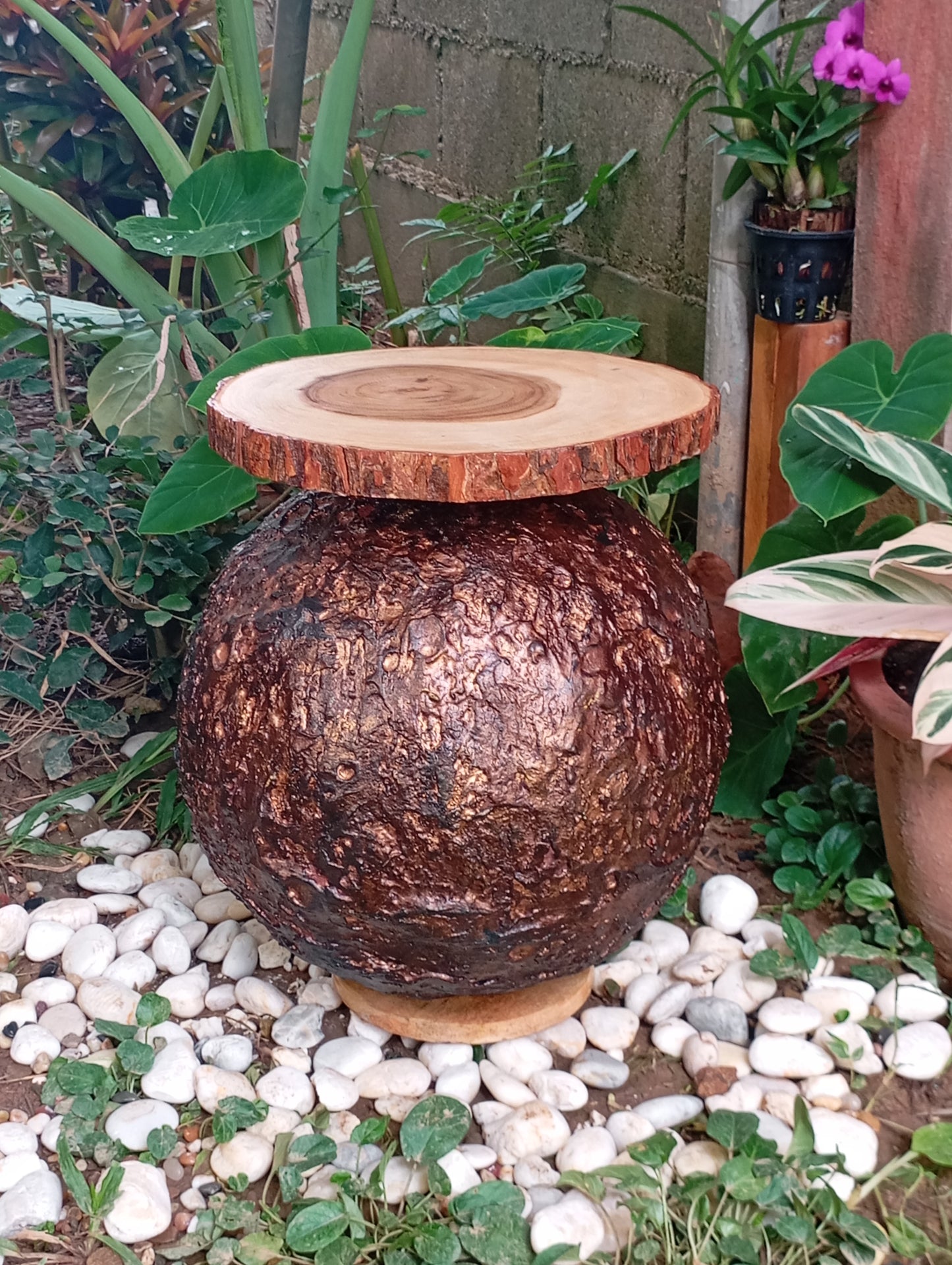 Coffee Table Art Designer Side Table with Wooden top “Copper Sphere" โต๊ะกาแฟ "ทรงกลมทองแดง"