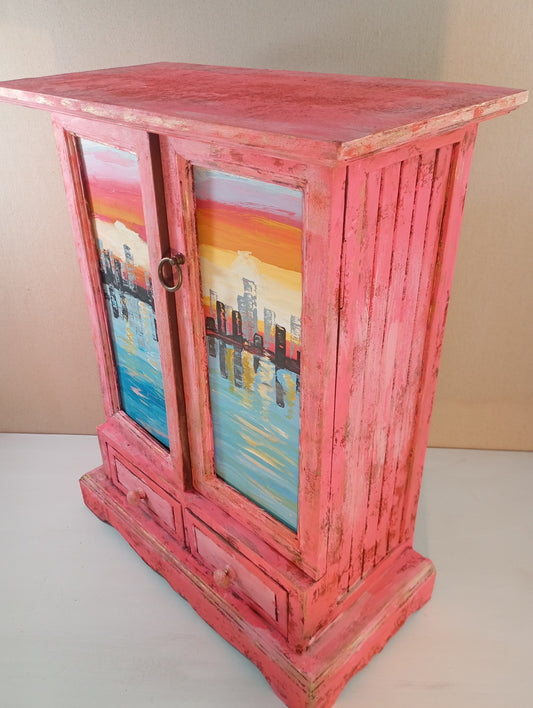 Wooden Drawer Cabinet Hand-Painted Cabinet with Cityscape Design Wooden Drawer Cabinet Art Cabinet, Vintage Style Cabinet ตู้เก็บของเพ้นท์มือ ลายเมืองสะท้อนน้ำ