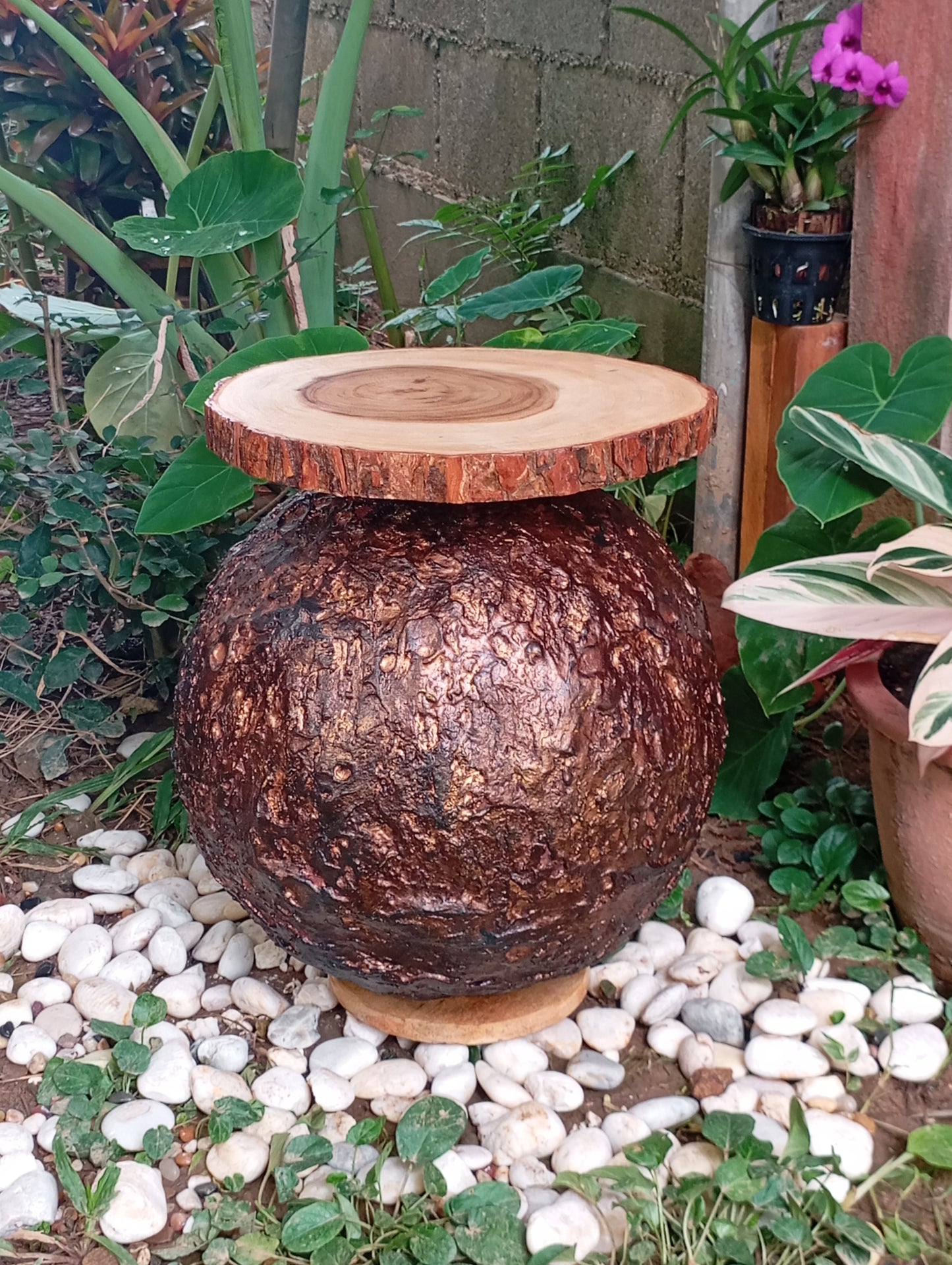 Coffee Table Art Designer Side Table with Wooden top “Copper Sphere" โต๊ะกาแฟ "ทรงกลมทองแดง"