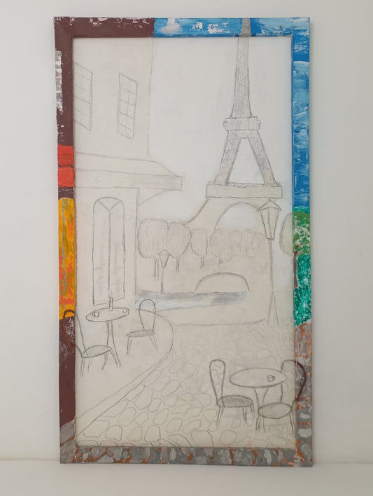 Painting Art Panel Picture Graphics "Parisian Cafe" จิตรกรรม แผงเพ้นท์ด้วยมือ กราฟิก "คาเฟ่ในปารีส"